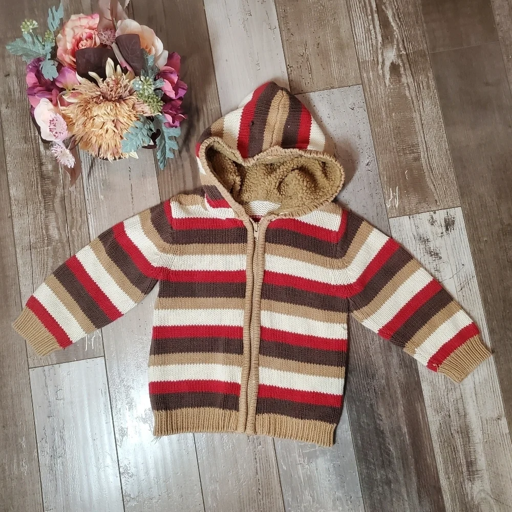 Gymboree 2009 Hooded Knit Striped Winter Sweater Full-Zip Brown Red Vintage